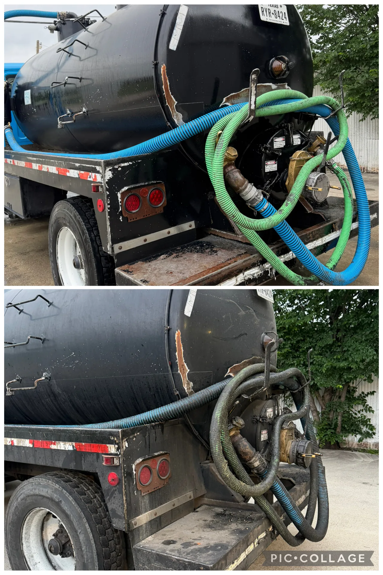 Before and after touchless wash of a septic tanker rear in Dallas-Fort Worth