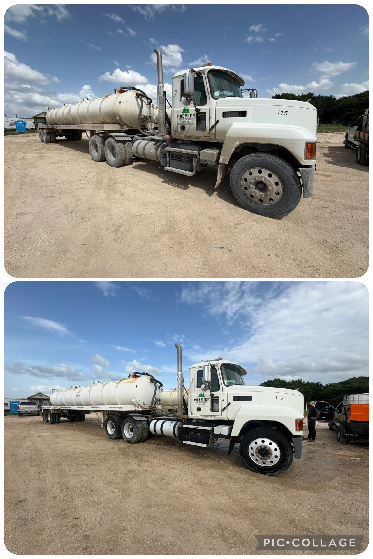 Before and after touchless wash of a Premier tanker truck in Dallas-Fort Worth