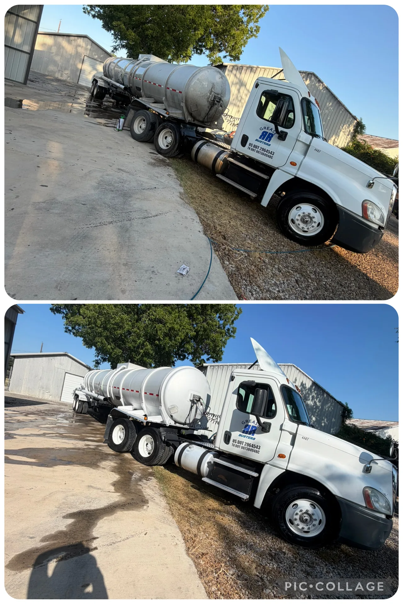 Before and after mobile wash of a tanker truck in Dallas-Fort Worth