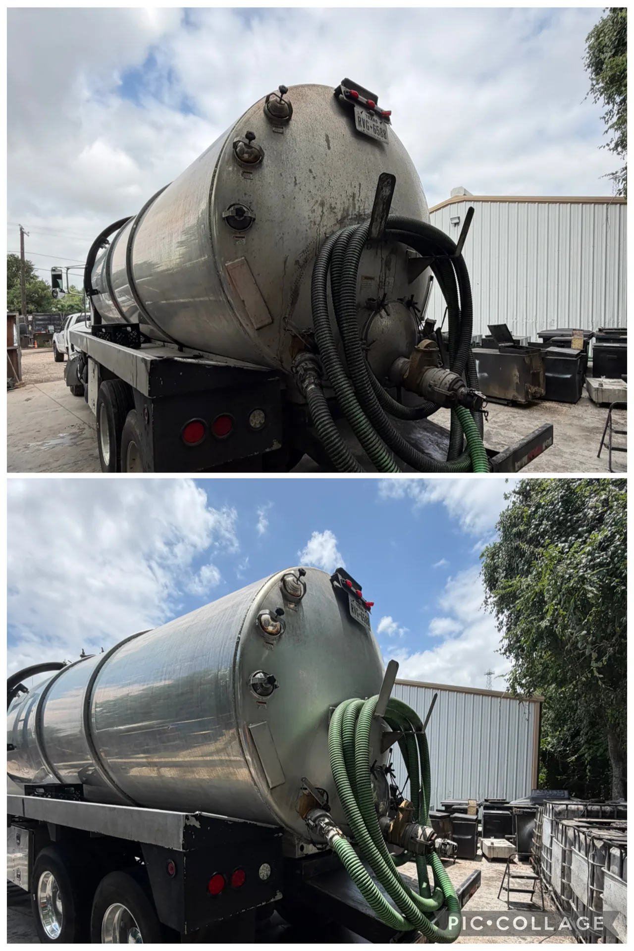 Before and after mobile wash of the rear of a vacuum truck in Dallas-Fort Worth